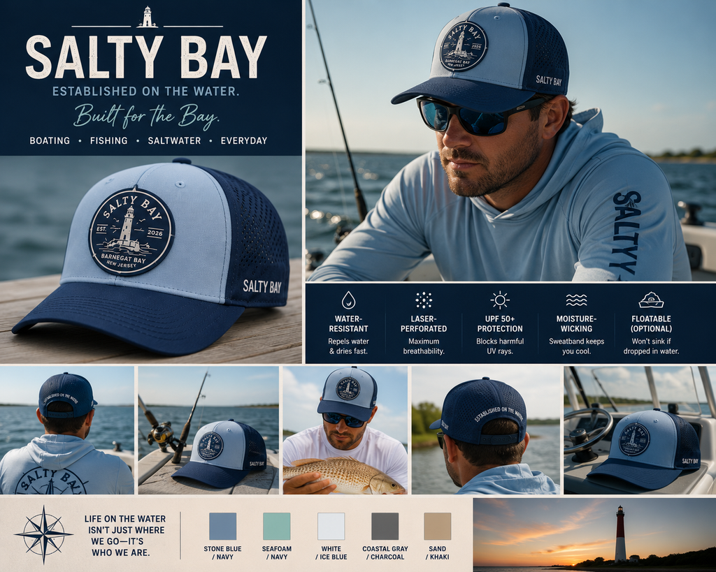 SALTY BAY Performance Fishing Hat – Shoreline Blue | Waterproof Snapback