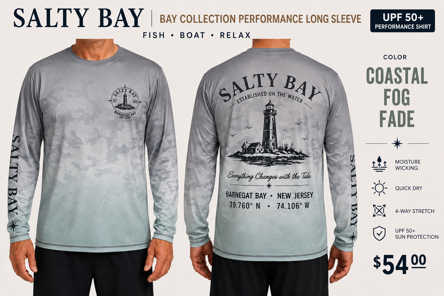 SALTY BAY Barnegat Bay Collection Performance Long Sleeve – Coastal Fog Fade