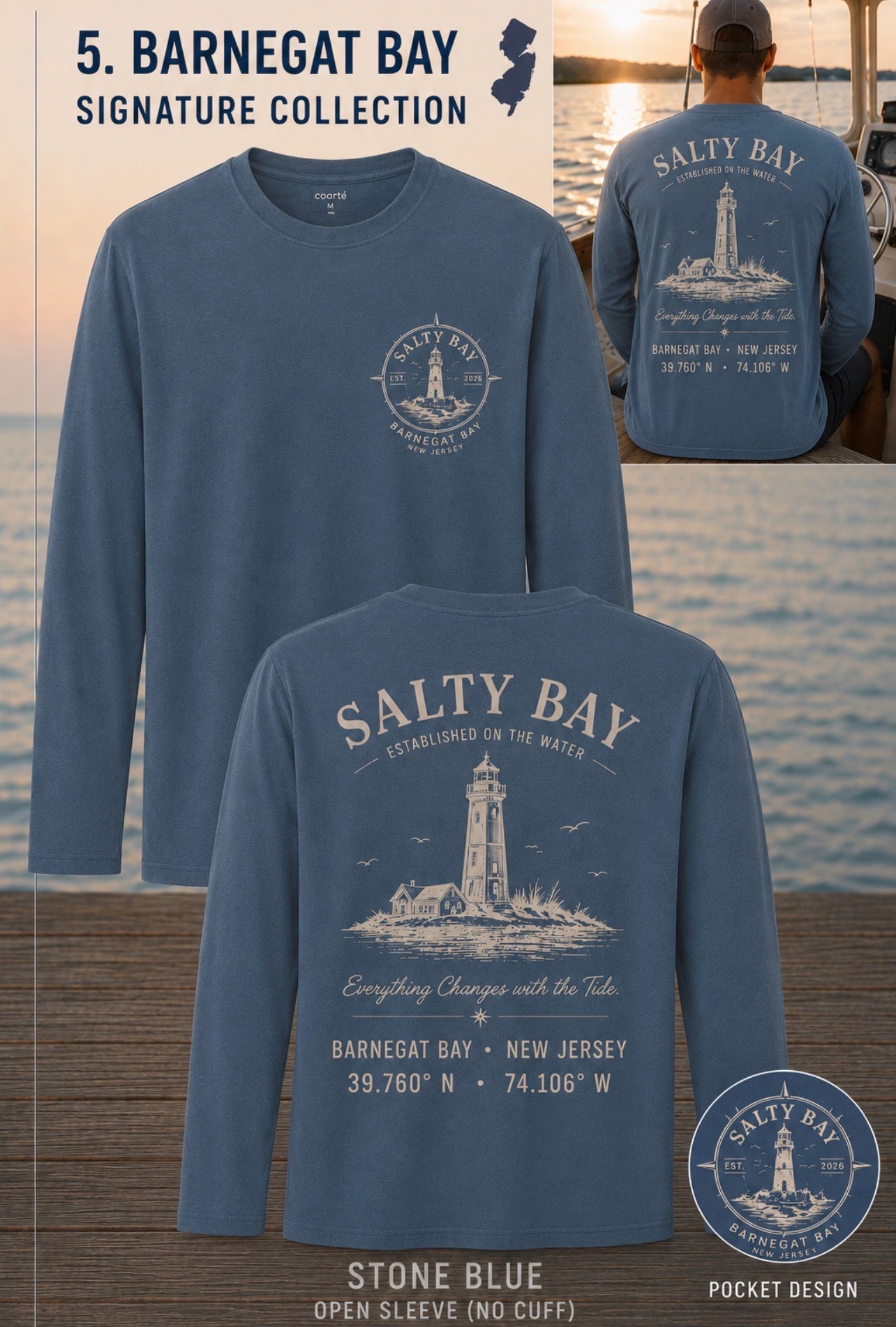 SALTY BAY Barnegat Bay Signature Collection, Heritage Long Sleeve Tee – Stone Blue |