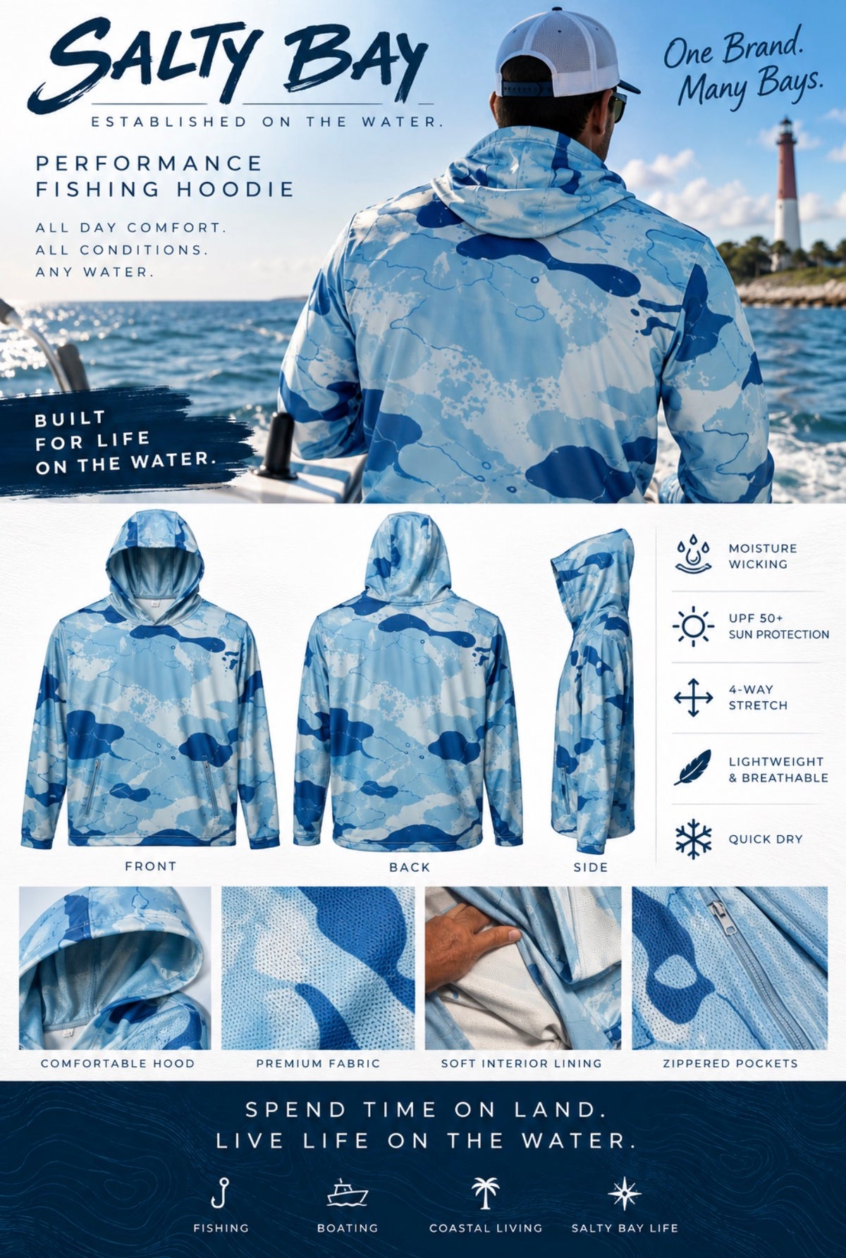 SALTY BAY Coastal Camo Performance Fishing Hoodie – Blue