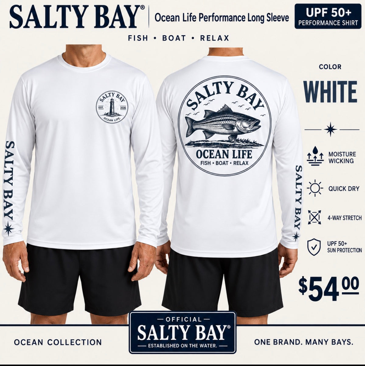 Striped Bass Ocean Life Performance Long Sleeve – White